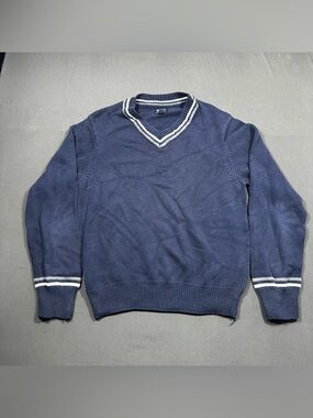 Men’s Denver Hayes Navy Blue V-Neck Sweater Cricket Style Striped Trim Size XL